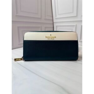 Kate Spade Gigi Zip Around Wallet Saffiano‎ Leather Teal Cream Gold Logo Pouch